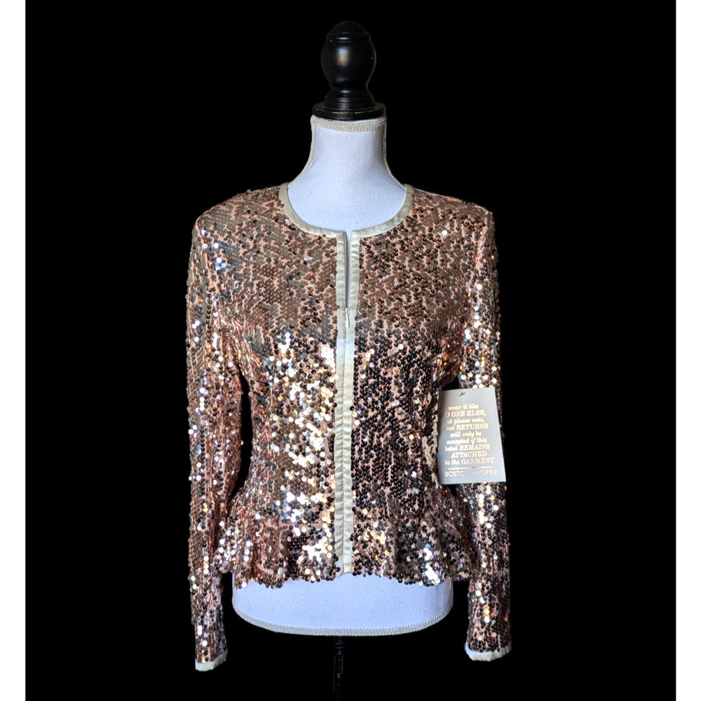 Boston Proper Rose Gold Sequin Peplum Zip Up Jacket New Size 10 Holiday Formal